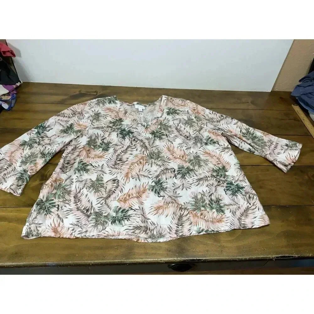 J Jill Love Linen Blouse Womens Top 2XL Pink Green Tropical 3/4 Flutter Sleeve